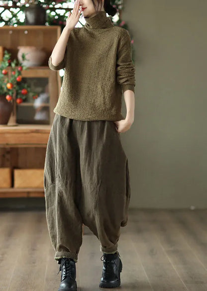 Army Green Turtle Neck Jacquard Knit Sweater Tops Winter