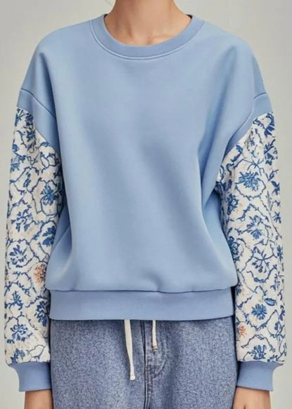 Blue O Neck Print Patchwork Cotton Pullover Sweatshirt Fall