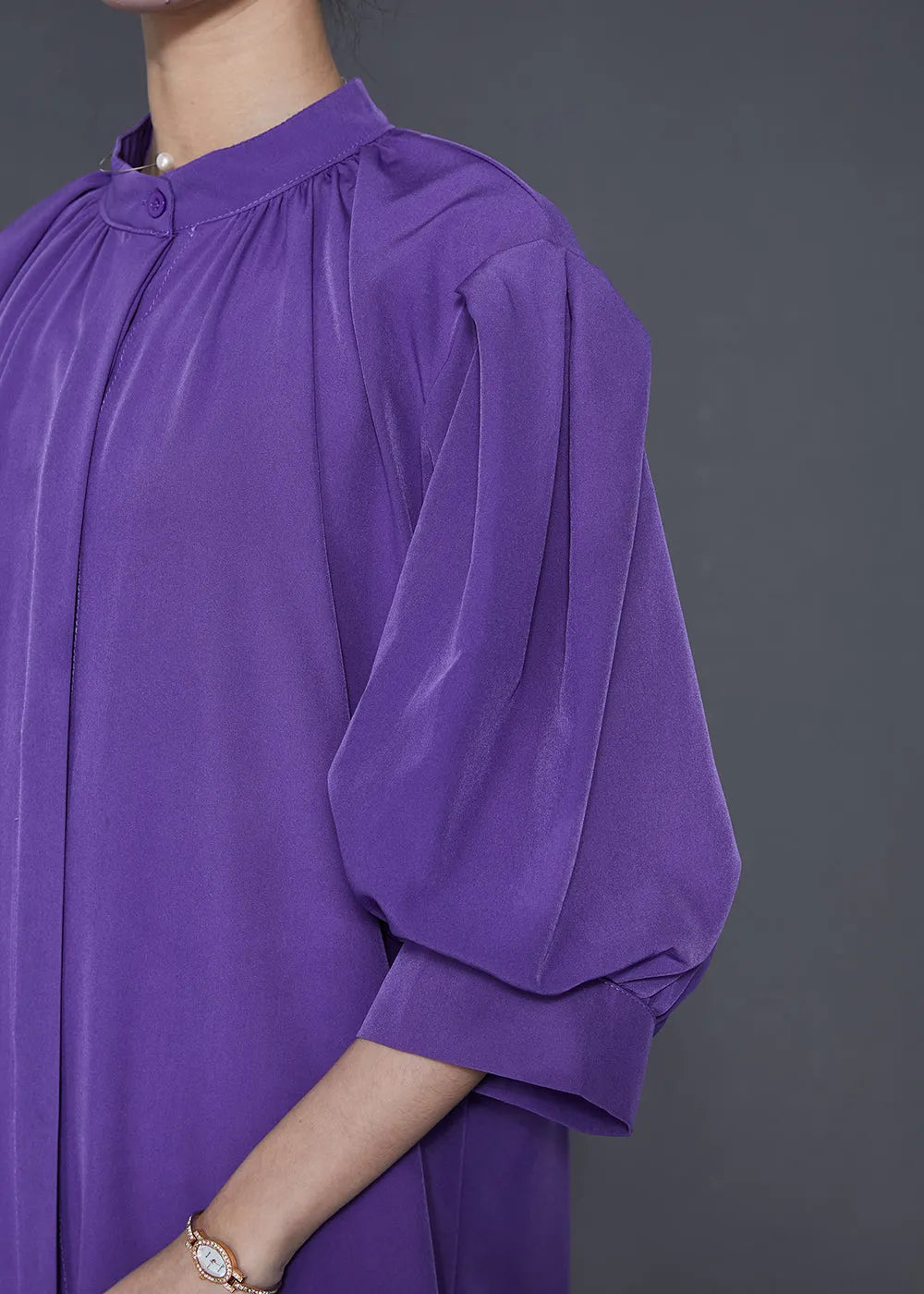 Purple Stand Collar Puff Sleeve Cotton Sundress