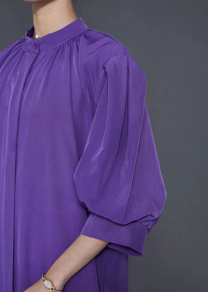 Purple Stand Collar Puff Sleeve Cotton Sundress