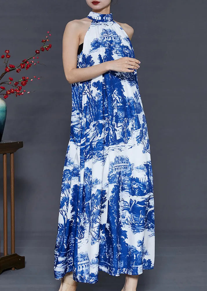 Modern Blue Cold Shoulder Print Cotton a Line Dress Summer