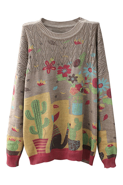 New Printed Knit Sweater Round Neck Loose Sweater