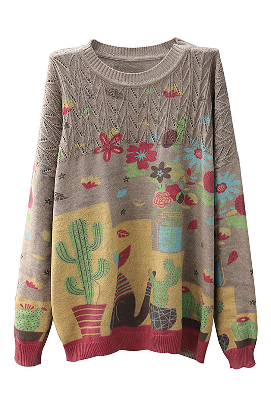 New Printed Knit Sweater Round Neck Loose Sweater