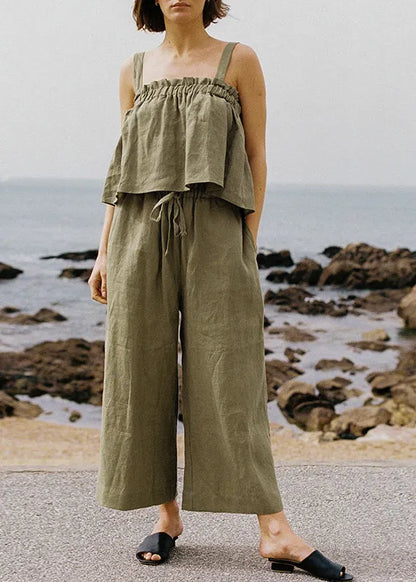 Unique Green Ruffled Linen Strap Top Sleeveless