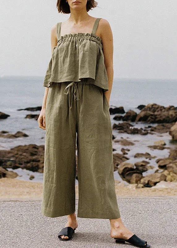 Unique Green Ruffled Linen Strap Top Sleeveless