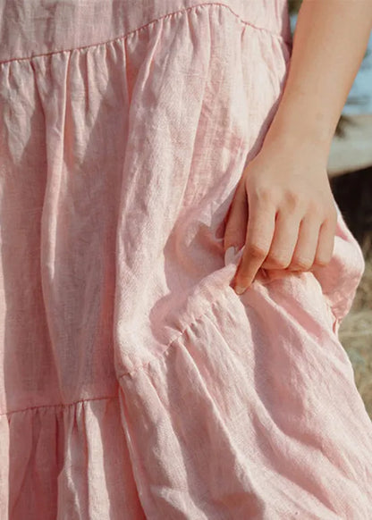 Pink O Neck Wrinkled Patchwork Linen Dress Sleeveless