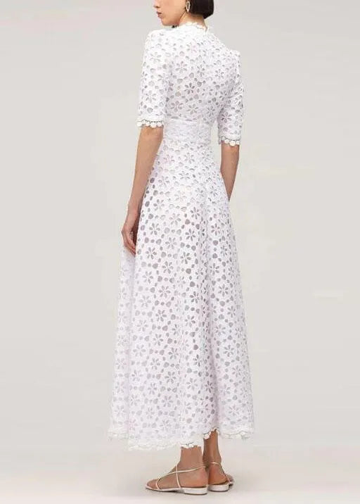 French White V Neck Patchwork Lace Long Dress Summer