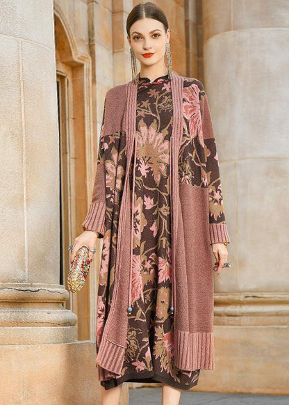 French Khaki Print Original Design Oriental Knit Outer Cape Set Winter