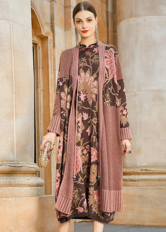 French Khaki Print Original Design Oriental Knit Outer Cape Set Winter