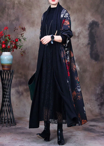 Black Bow Collar Print Loose Long Cardigans Long Sleeve