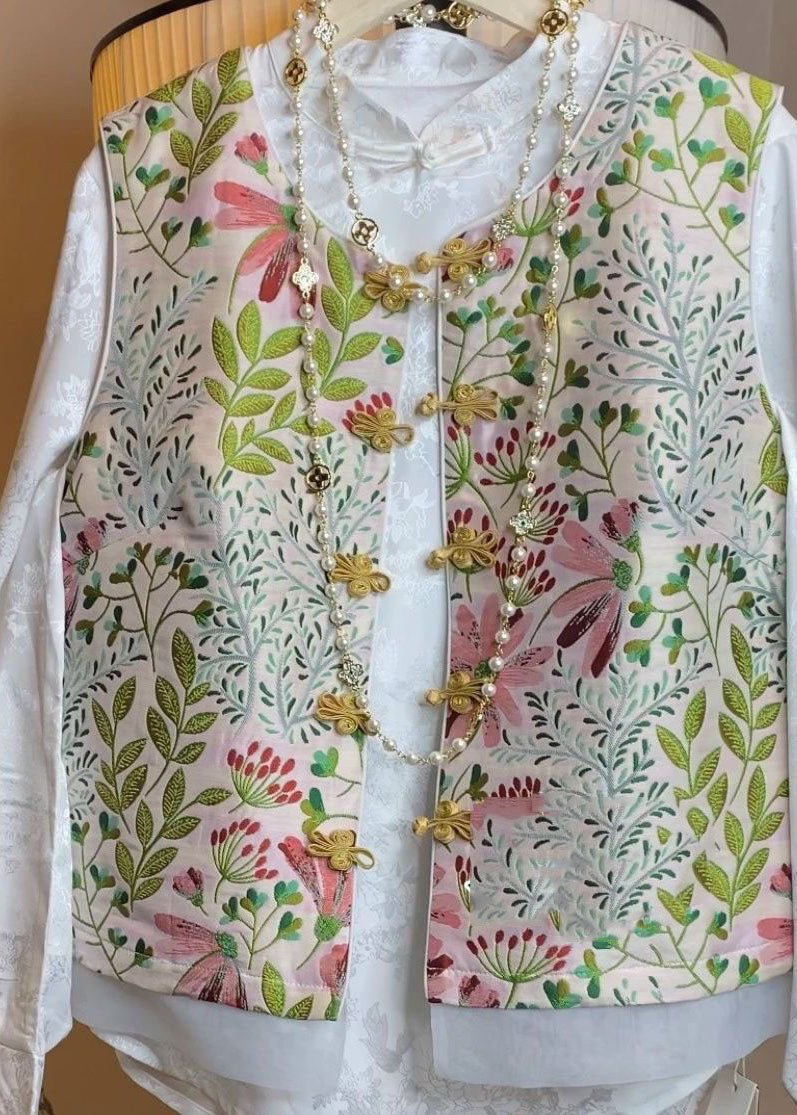 Chinese Style Pink O Neck Embroidered Patchwork Silk Vest Sleeveless