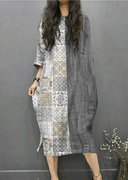Grey O-neck Wrinkled Side Open Linen Long Dress Batwing Sleeve