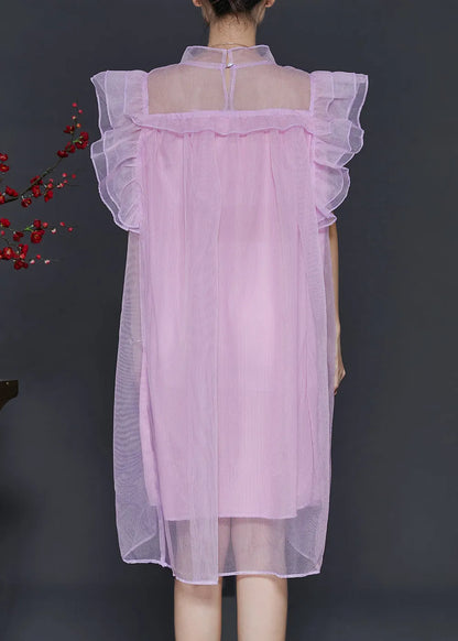 Pink Oversized Tulle Vacation Dress Butterfly Sleeve