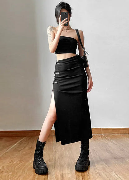 Black High Waist Side Open Chinese Button Skirt Summer