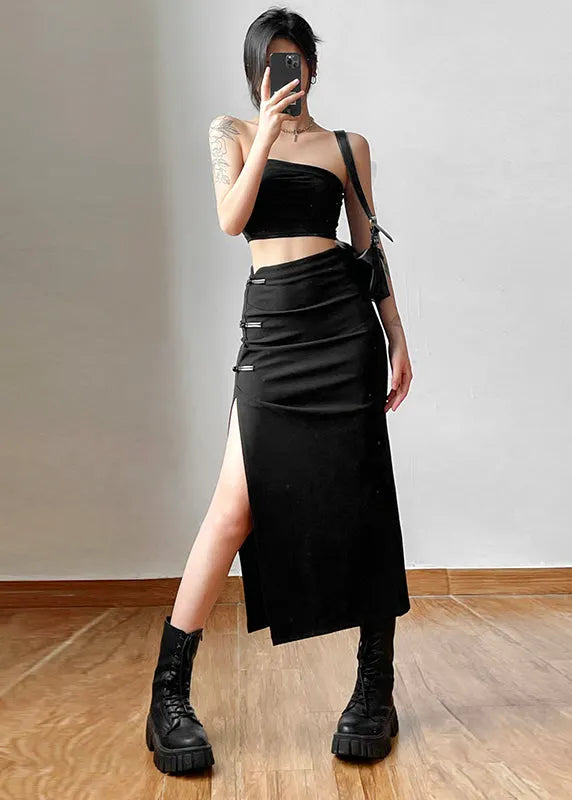 Black High Waist Side Open Chinese Button Skirt Summer