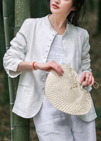 White O-neck Button Coats Long Sleeve