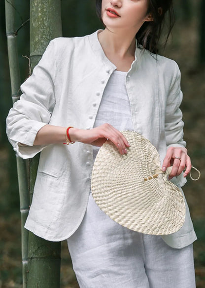 White O-neck Button Coats Long Sleeve