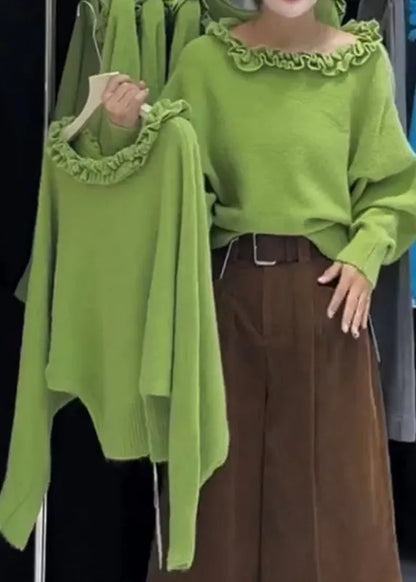 Modern Grass Green Ruffled Slash Neck Knit Sweater Tops Winter