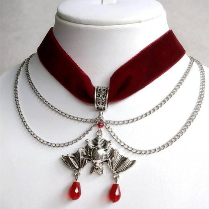 Gothic Enchantment: Crimson Velvet Choker With Midnight Bat Pendant
