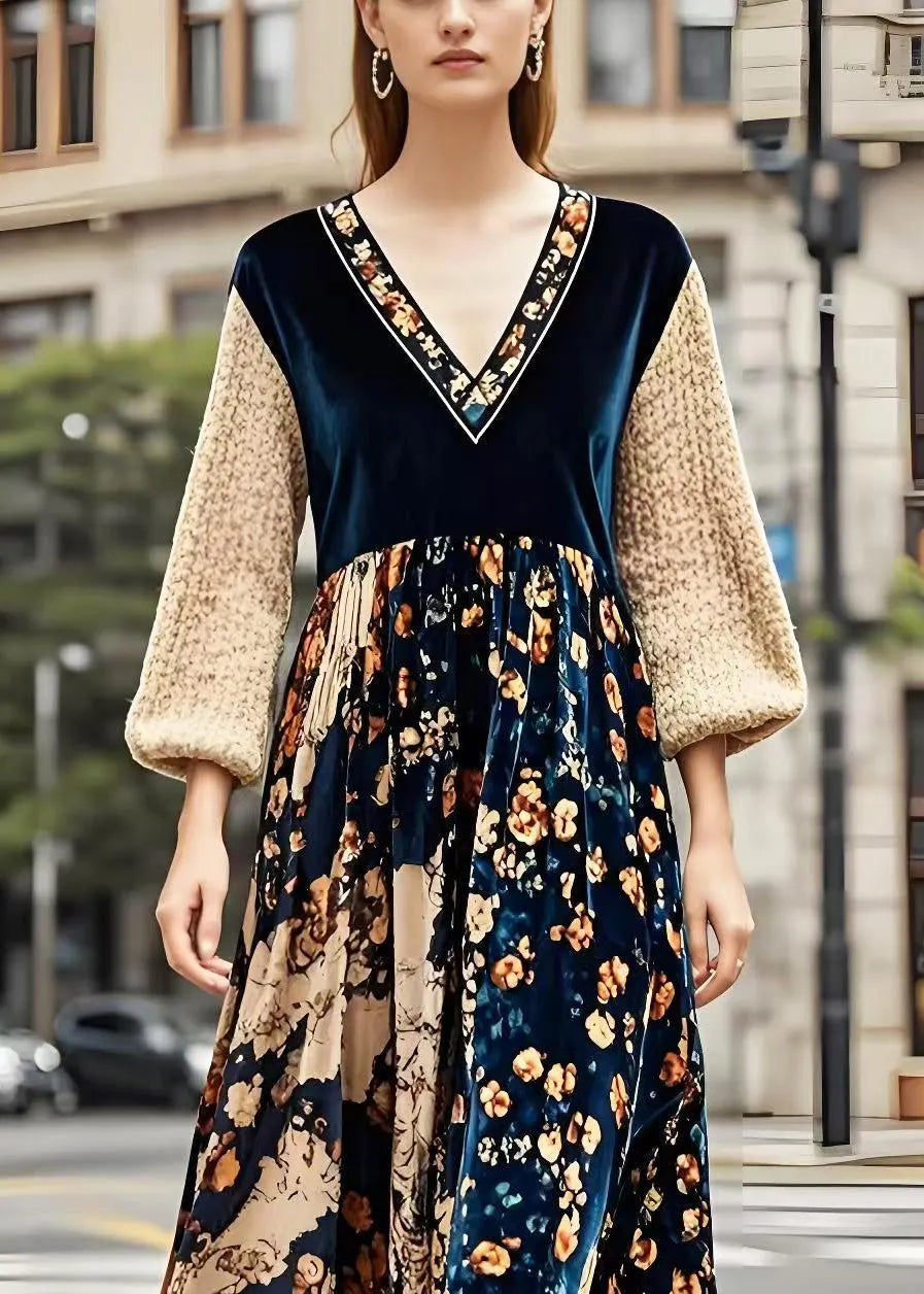 V Neck Patchwork Print Silk Velvet Maxi Dresses Spring