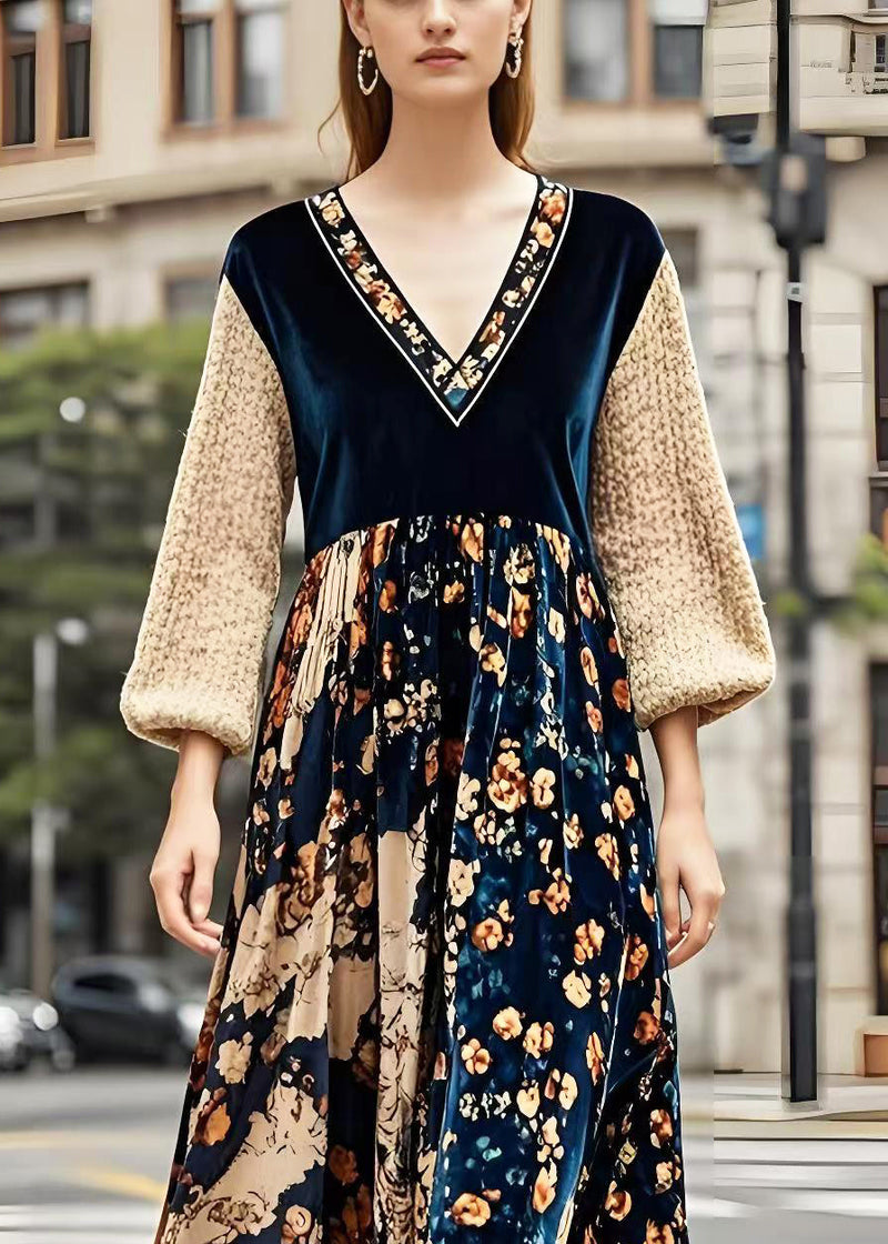V Neck Patchwork Print Silk Velvet Maxi Dresses Spring