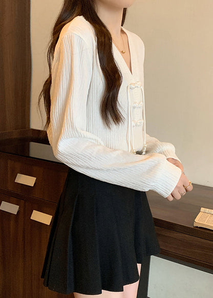 White V Neck Patchwork Cotton Shirt Top Fall