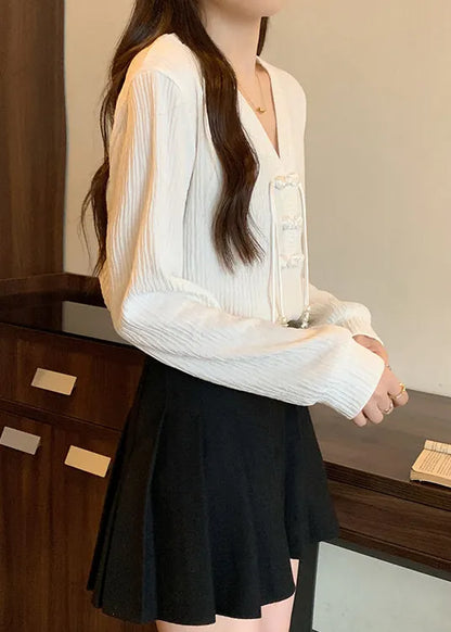 White V Neck Patchwork Cotton Shirt Top Fall