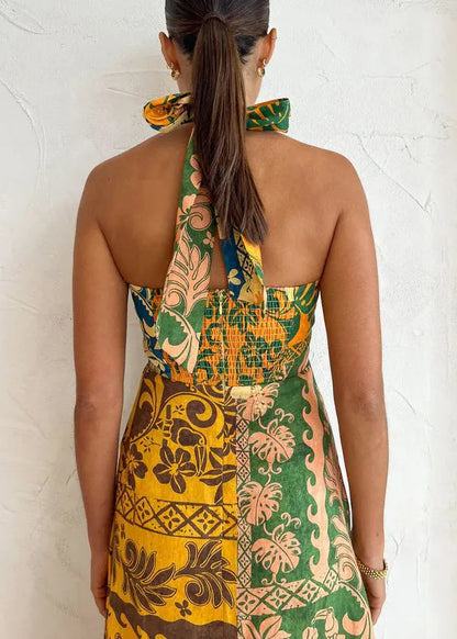 Colorblock Print Lace Up Linen Holiday Dress Sleeveless