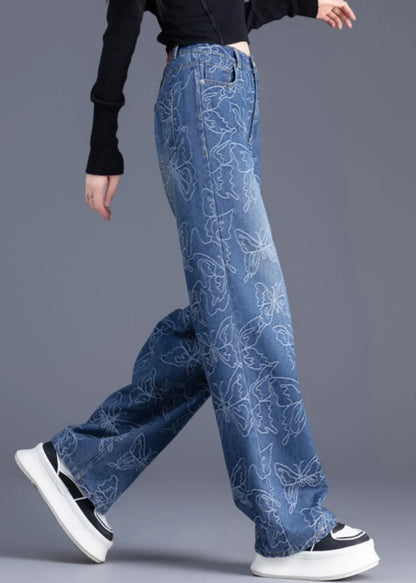 Italian Blue High Waist Print Denim Straight Pants Trousers Summer