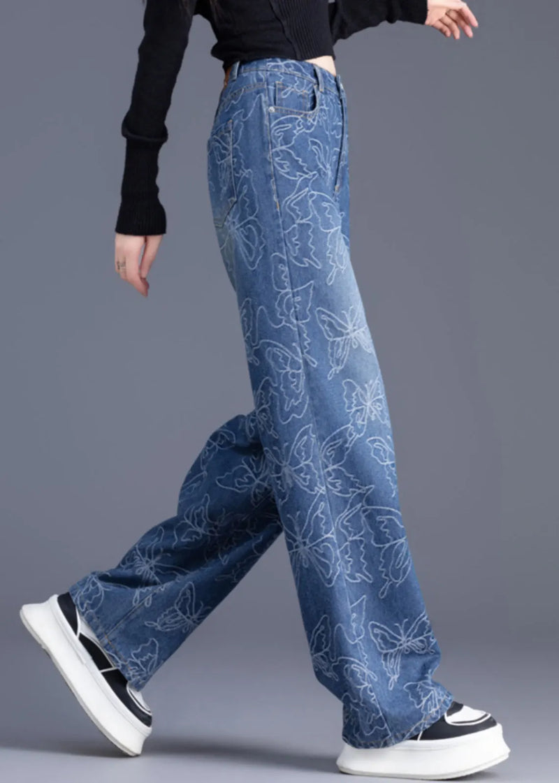 Italian Blue High Waist Print Denim Straight Pants Trousers Summer