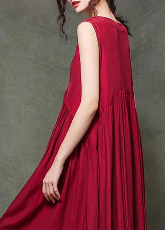 Wine Red O-neck Wrinkled Long Dresses Sleeveless