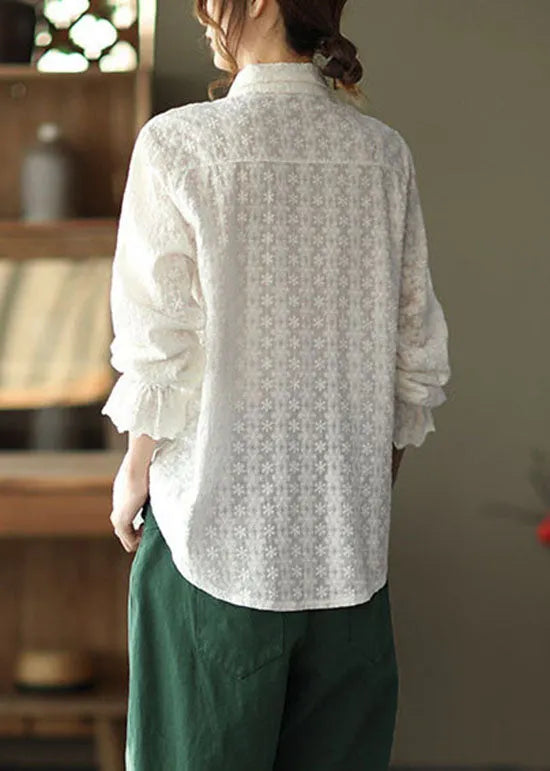 Classy White Peter Pan Collar Embroidered Cotton Shirts Top Long Sleeve