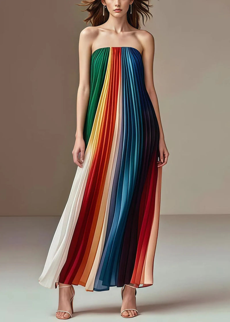 Rainbow Wrinkled Chiffon Strapless Dress Summer