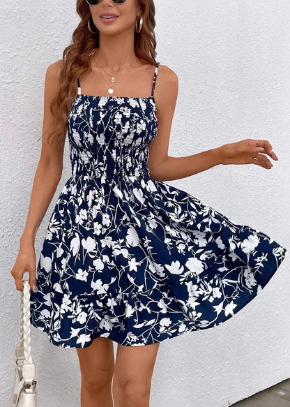 Style Navy Print Cotton Spaghetti Strap Dress Summer