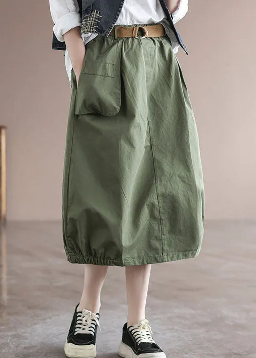 Green Patchwork Cotton Skirt High Waist Pockets Summer
