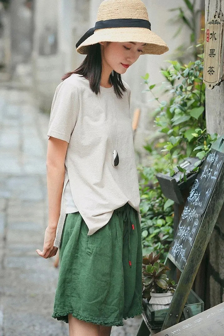 Loose Green and Yellow Linen Shorts Summer Trousers