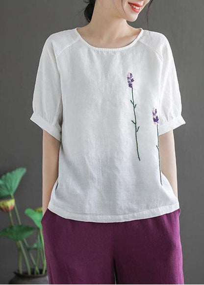 Organic White O-neck Embroidered Linen Tank Tops Short Sleeve