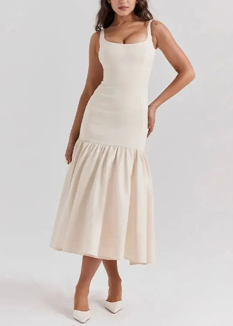 Slim Fit White Wrinkled Patchwork Cotton Spaghetti Strap Dress Summer
