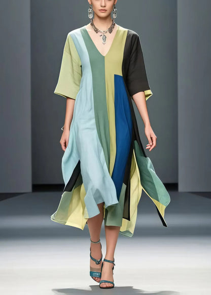 Art Asymmetrical Patchwork Side Open Cotton Long Dresses Summer