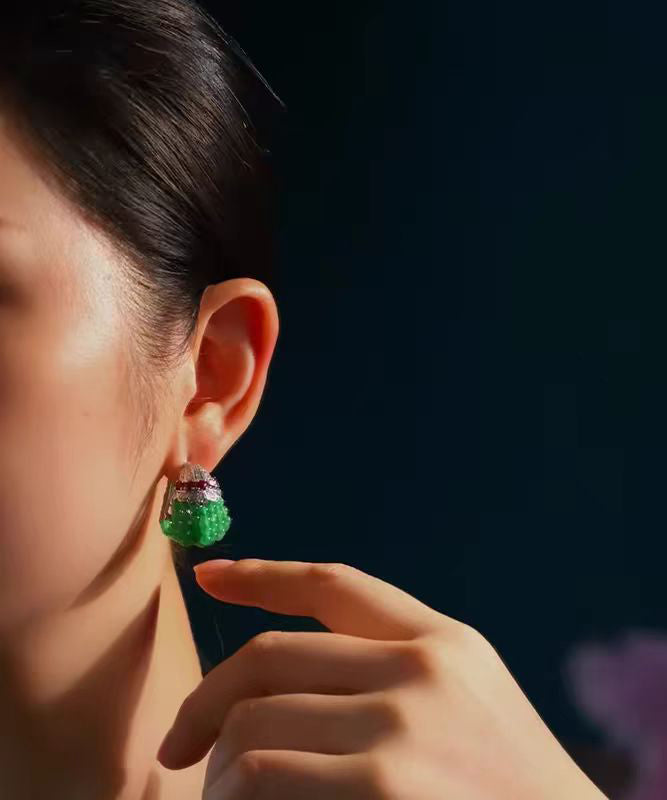 Green Sterling Silver Beading Hoop Earrings