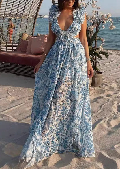 Blue Print Hollow Out Backless Ruffle Dress Summer