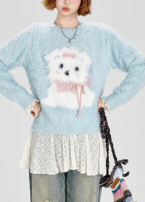 Classy Sky Blue Dog Fuzzy Fur Fluffy Knitted Tops Winter