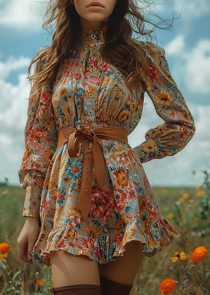 Pastoral Style Ruffled Print Mini Dresses Long Sleeve