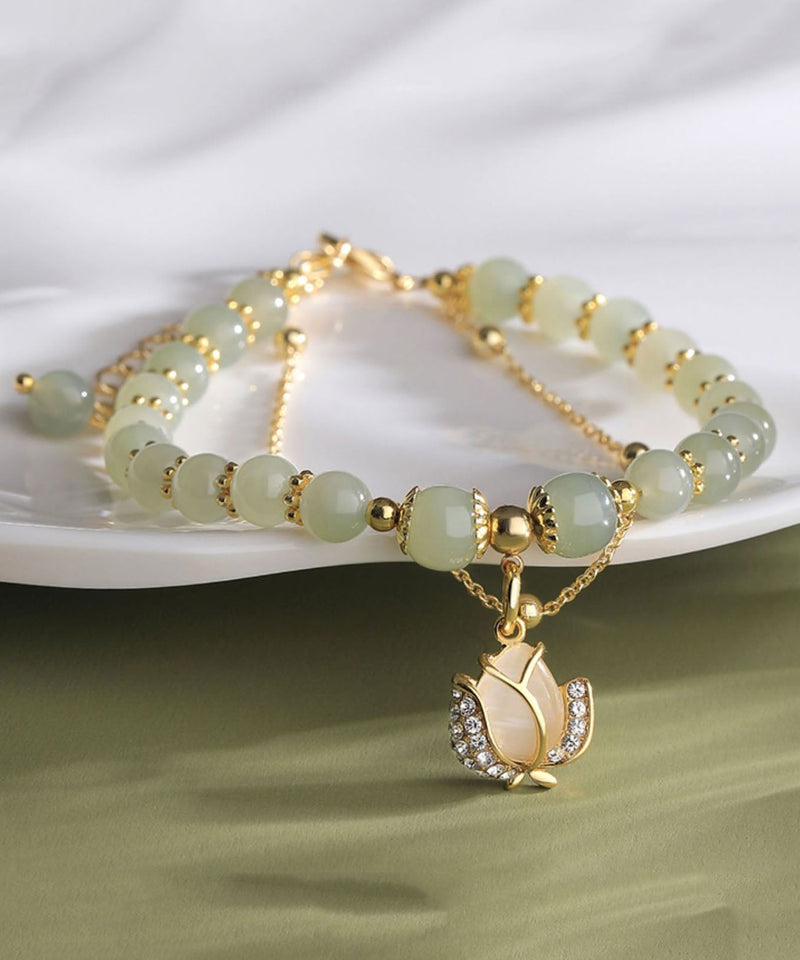 Stylish Little Green Sterling Silver Overgild 14k Gold Jade Zircon Charm Bracelet