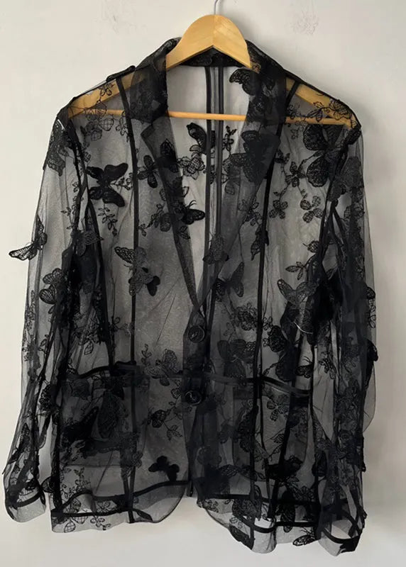 Oversized Black Notched Butterfly Embroidered Tulle Shirt Summer