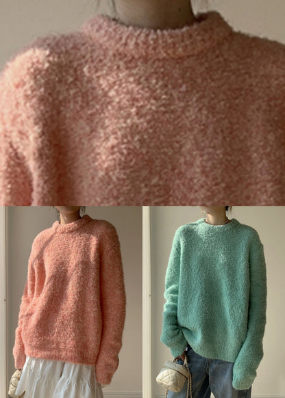 Loose Pink O-neck Fluffy Sweaters Winter