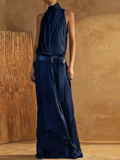 Blue Plain High Neck Sleeveless Loose Maxi Tank Dress
