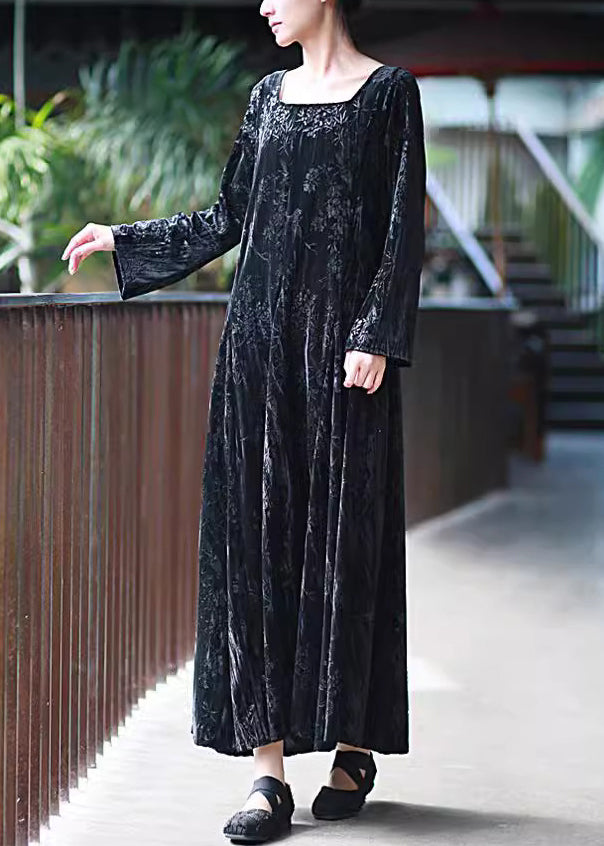Black U Neck Print Velvet Long Dresses Fall