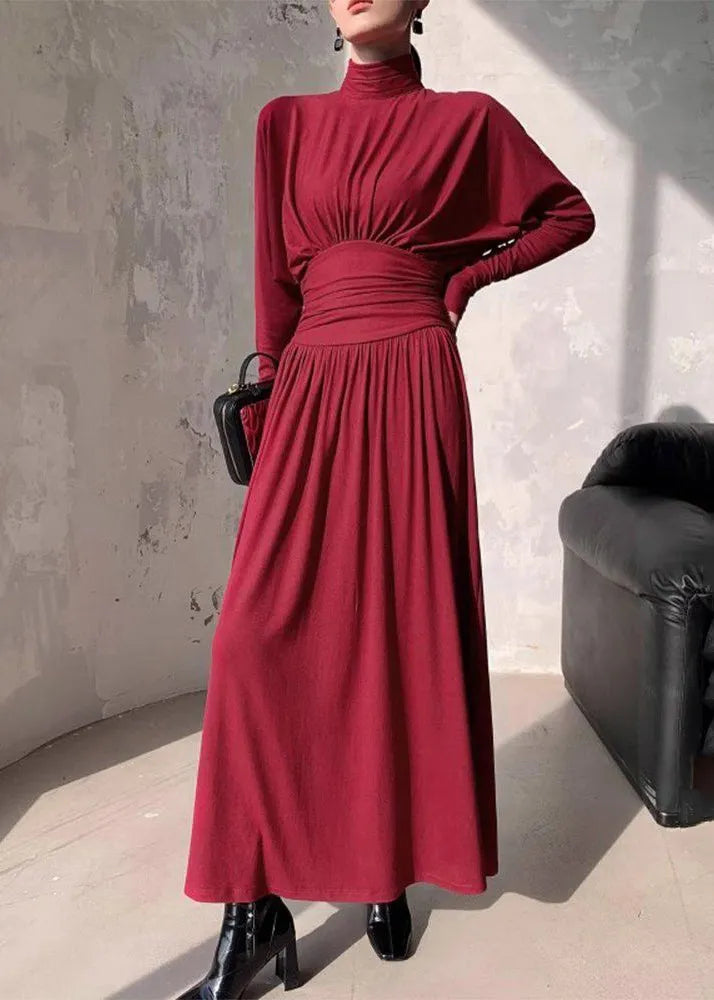 Black Turtleneck Wrinkled High Waist Cotton Maxi Dresses Spring