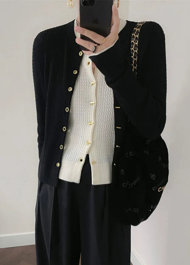 Black O Neck Button Patchwork Knit Cardigan Fall
